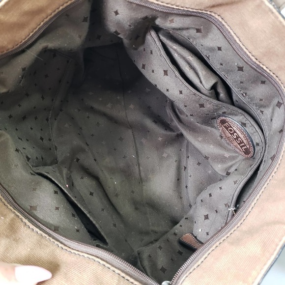 Fossil Zip Top Shoulder Bag Tote Leather Shimmer Fabric Purse - Picture 10 of 13